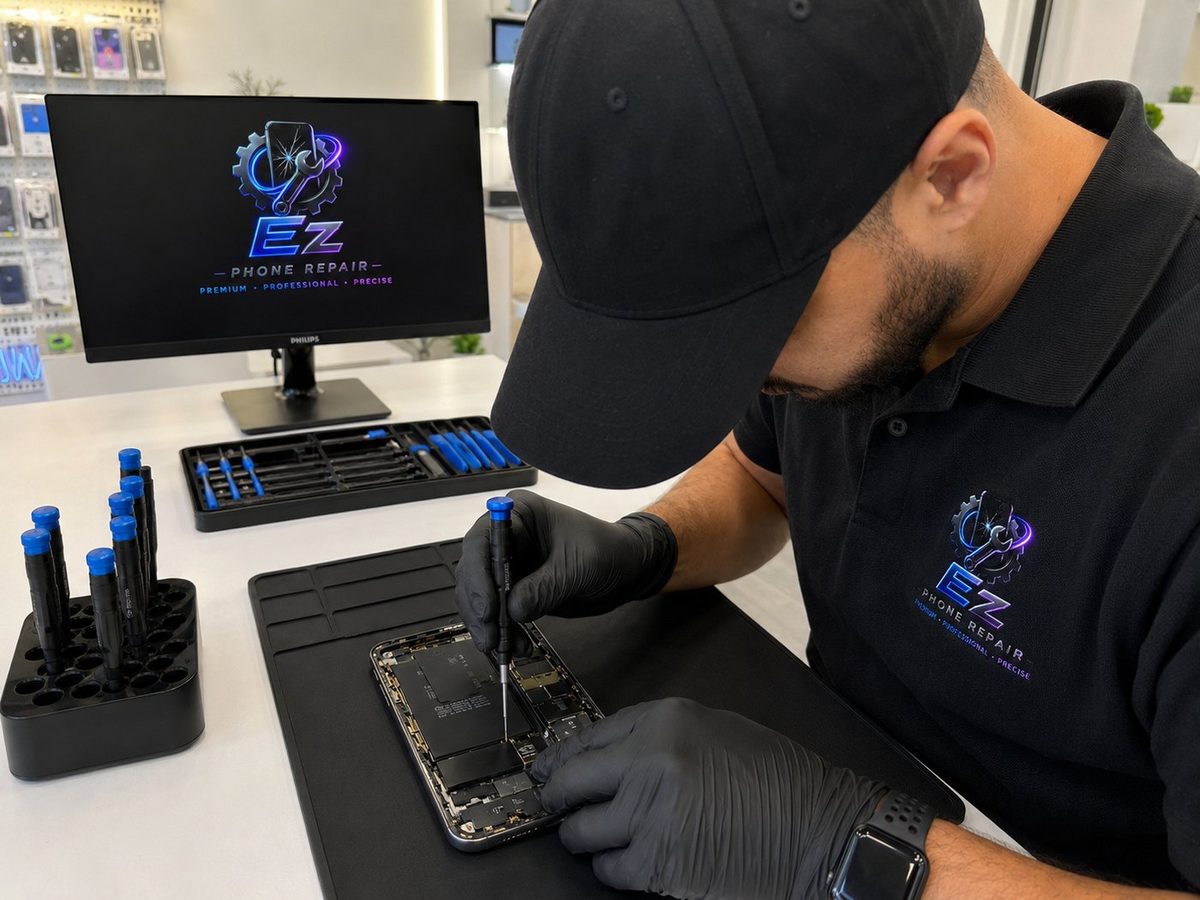 Technician repairing a phone at the EZ Fix bench in Escondido