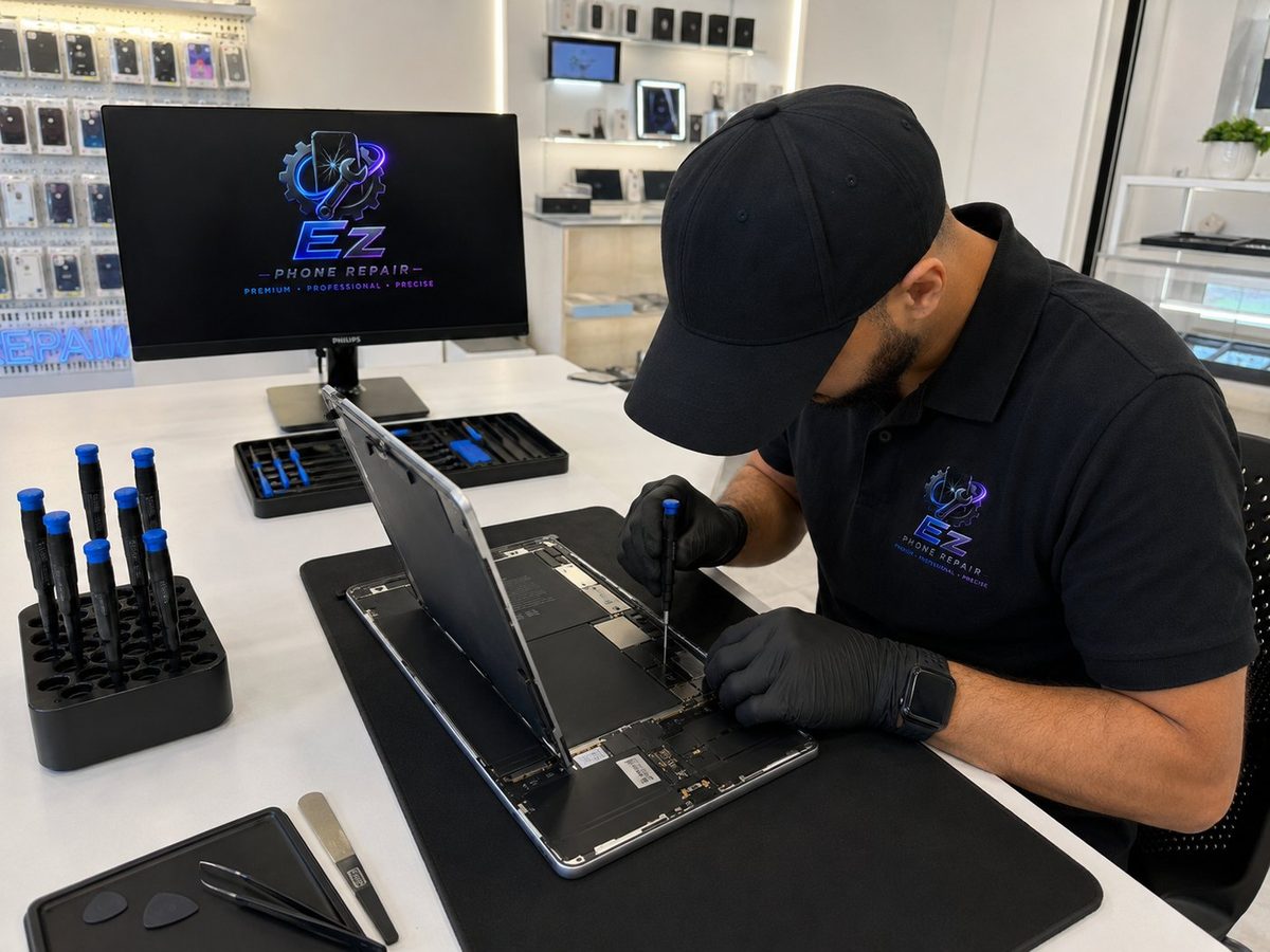 Inside the EZ Fix shop in Escondido — a technician at the repair bench, where customers from Poway bring devices