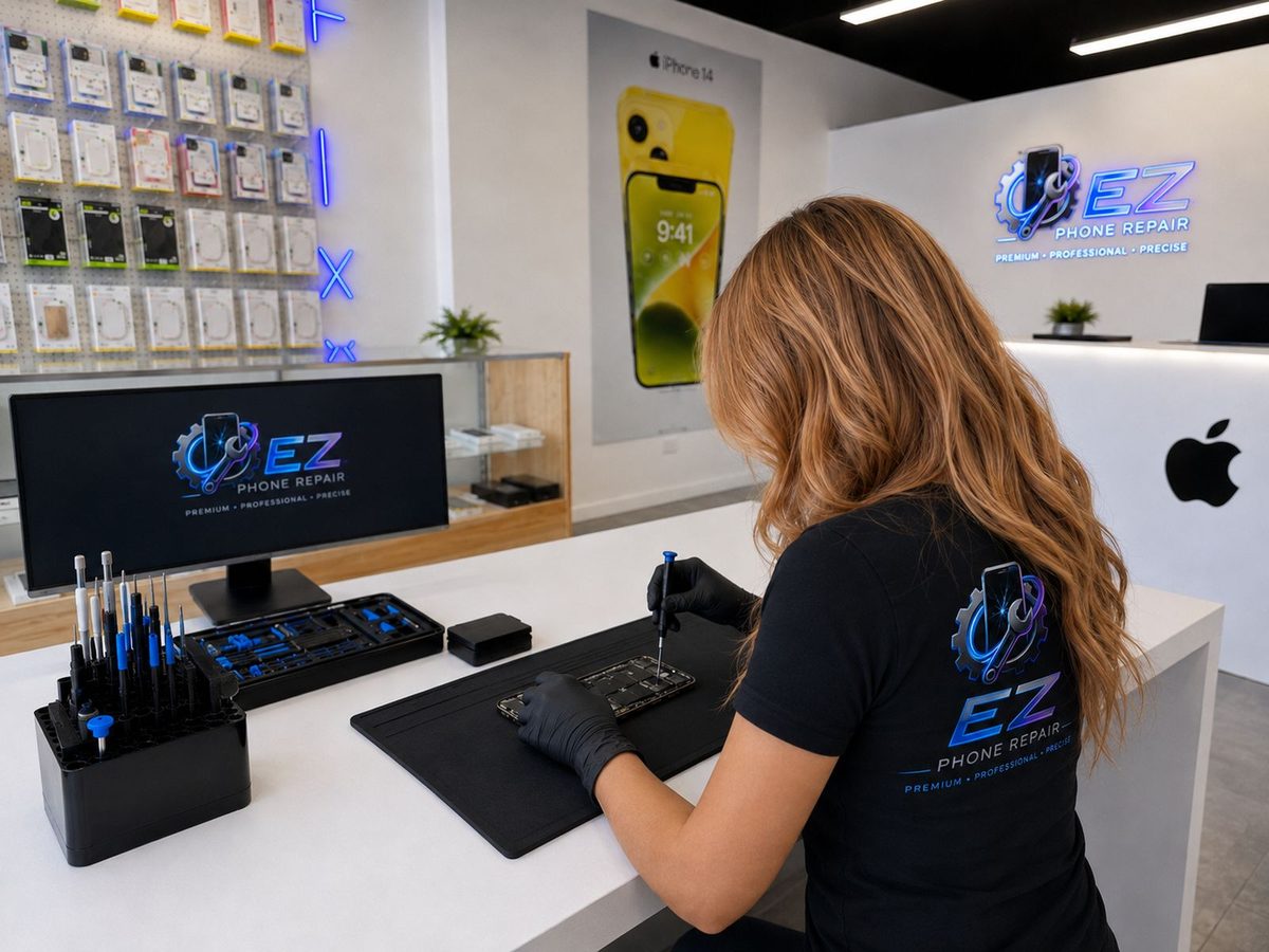 The EZ Fix shop floor in Escondido, with a technician working on a phone at the front counter