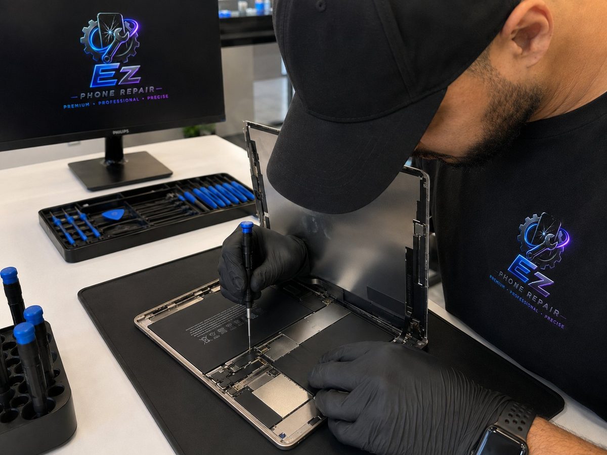 A technician in an EZ Fix polo using a precision driver inside an opened tablet at the repair bench.
