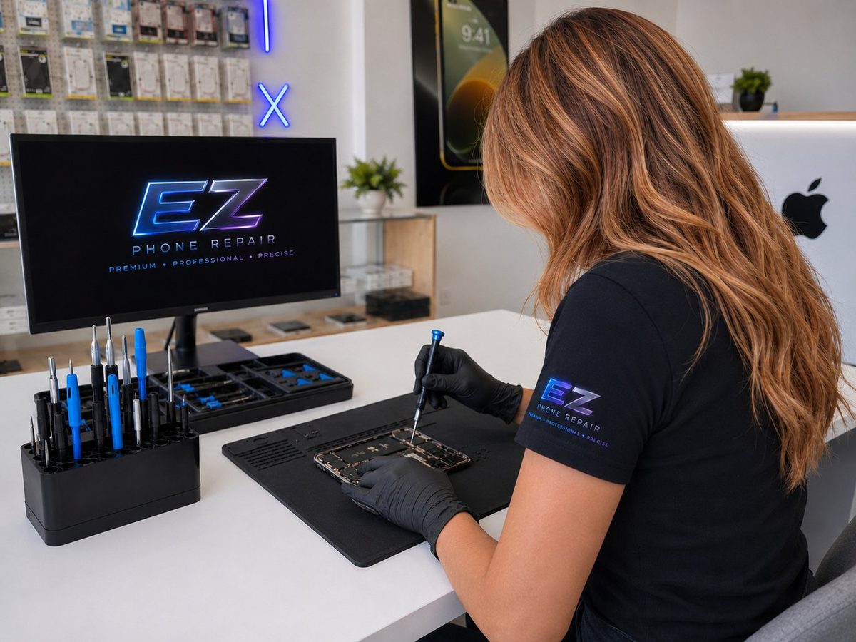 EZ Fix technician replacing a phone component at the Escondido repair bench