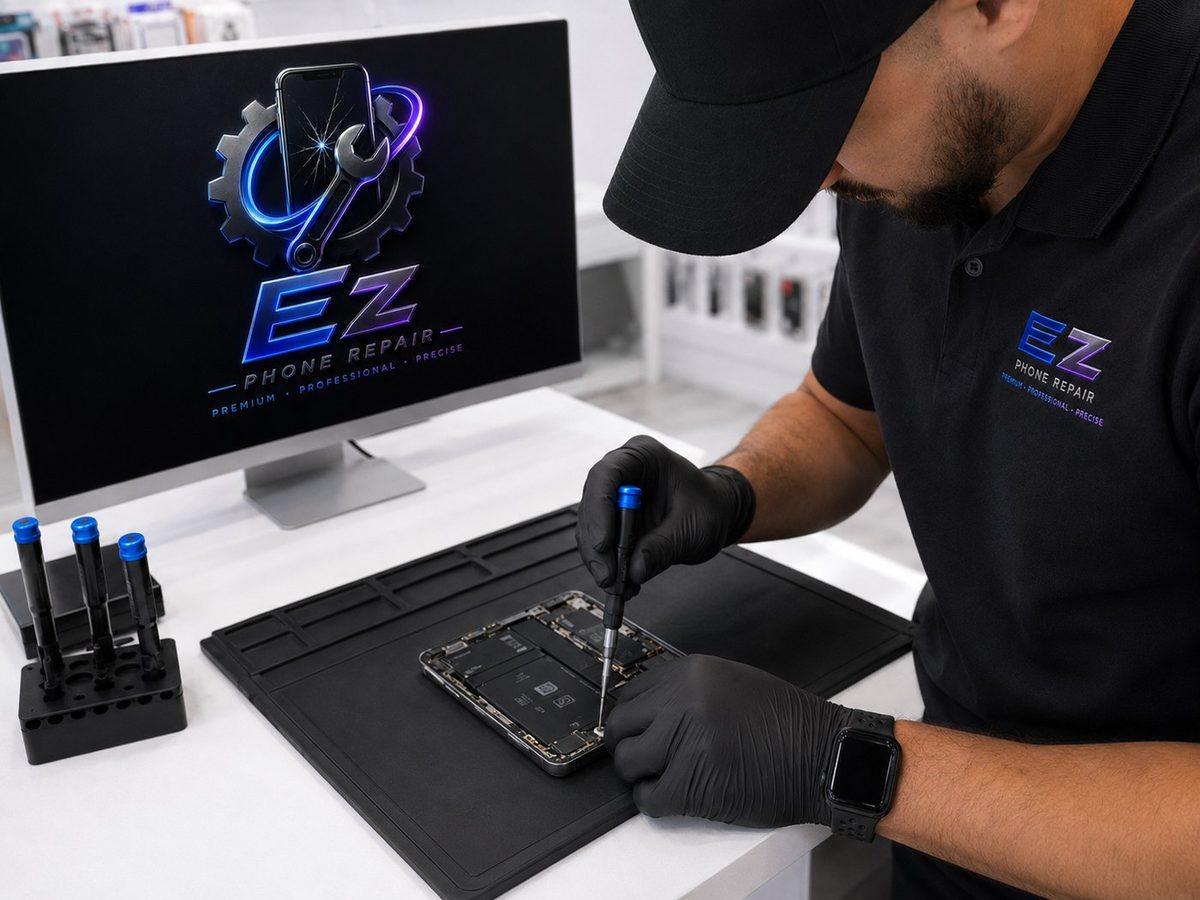 A technician working on an opened tablet, the EZ Fix logo displayed on the monitor behind the bench.